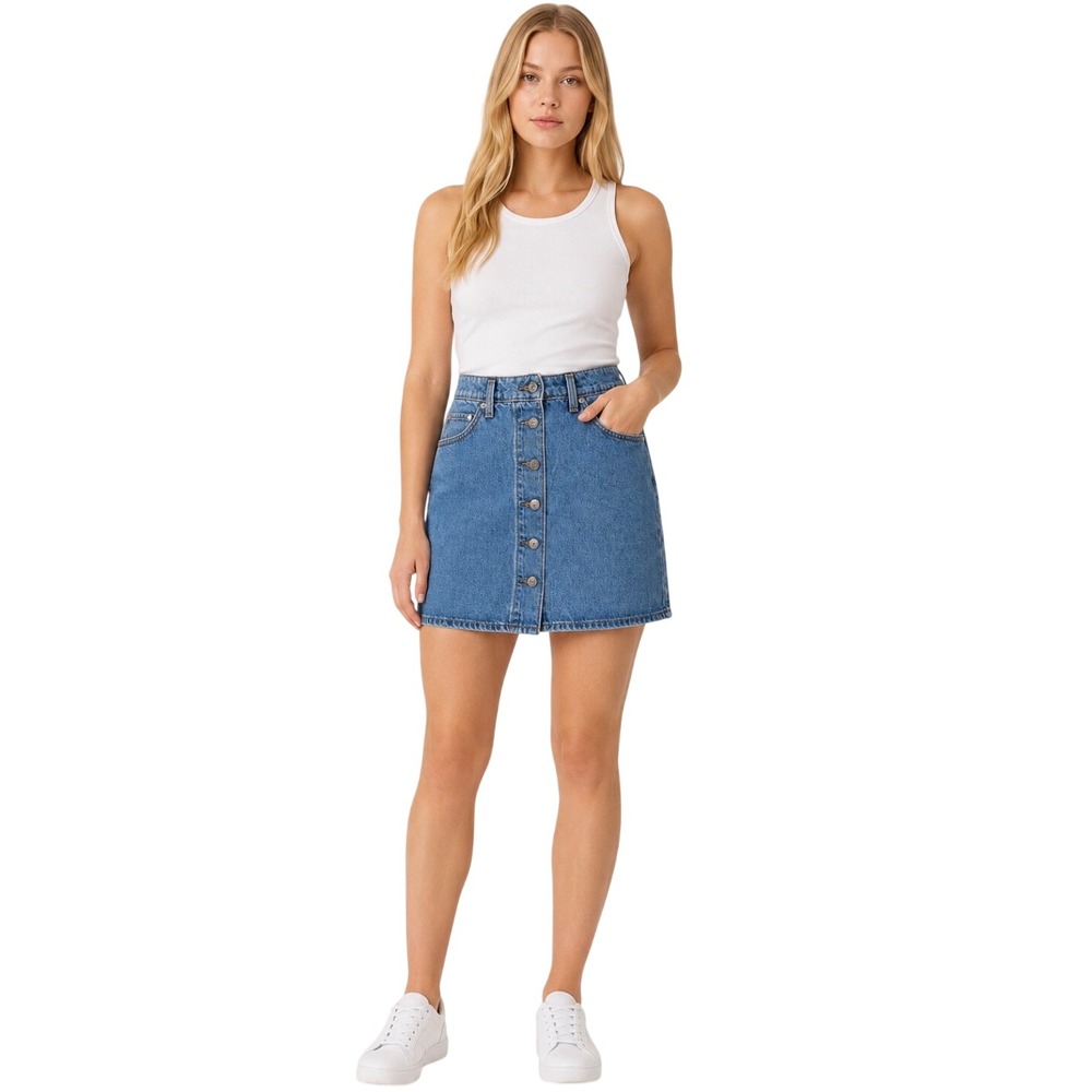 Levis Ribcage Skirt Medium Wash Denim Button Fly Mini Skirt Blue Women Size 26